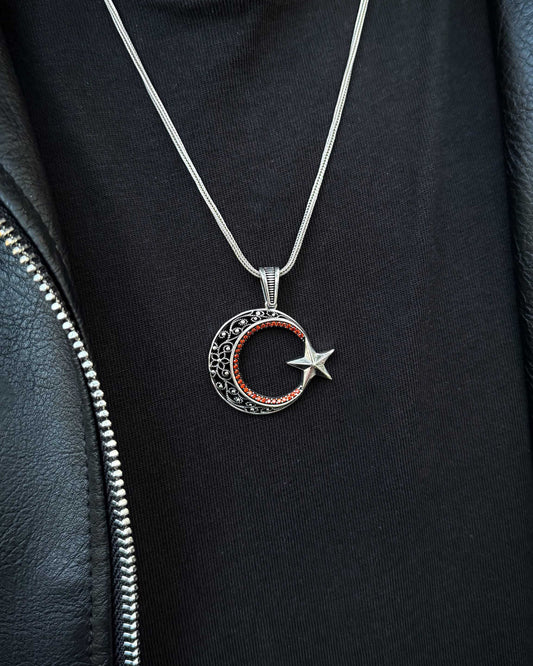 Kırmızı Taşlı Ay Yıldız Kolye – 925 Ayar Gümüş – Alternatif Görünüm 1