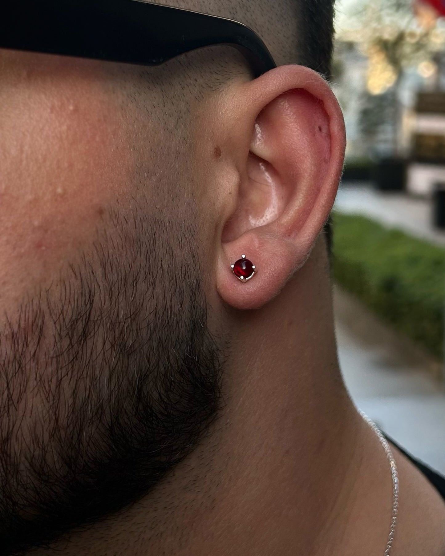 Bordo Taşlı Erkek Küpe - 925 Ayar Gümüş