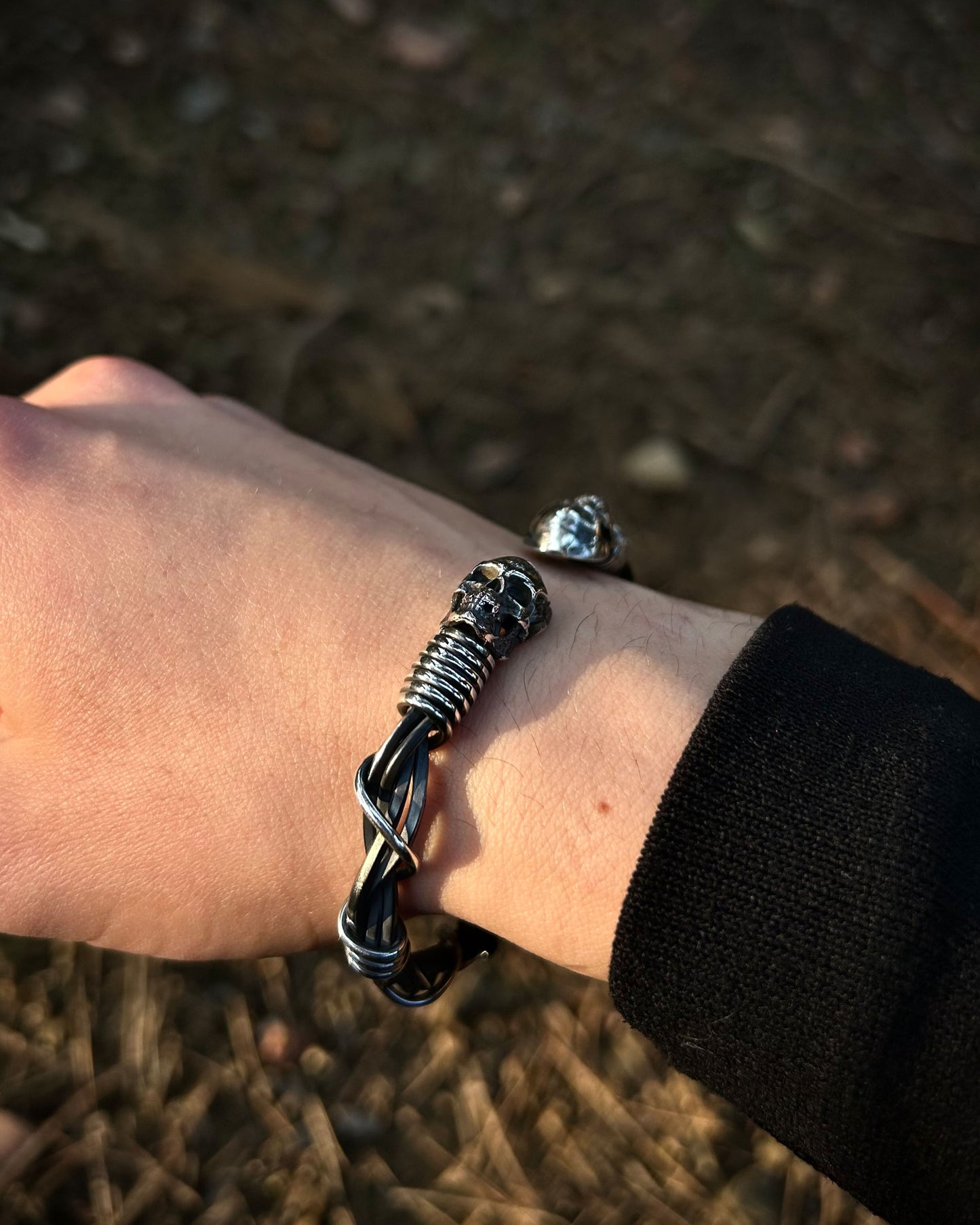 Tel Örgü Gothic Kafatası Bilezik – Ayarlanabilir 925 Ayar Gümüş