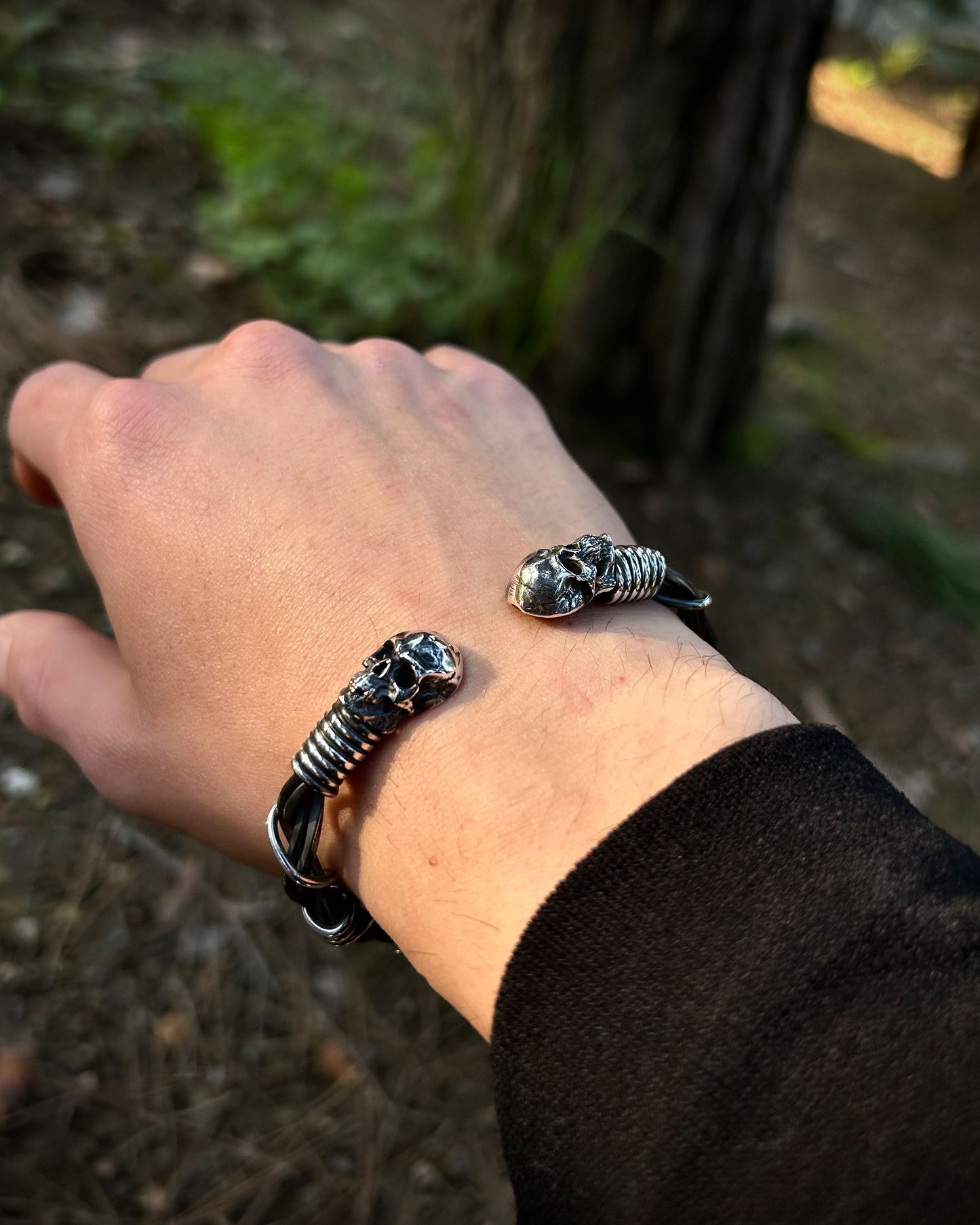 Tel Örgü Gothic Kafatası Bilezik – Ayarlanabilir 925 Ayar Gümüş