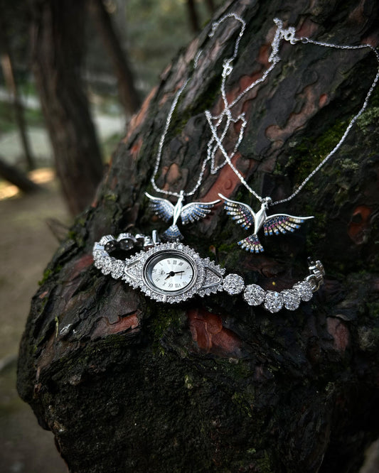 Rodyum Kaplama Taşlı Kadın Saati Model 1 - 925 Ayar Gümüş-Osiris Jewelry