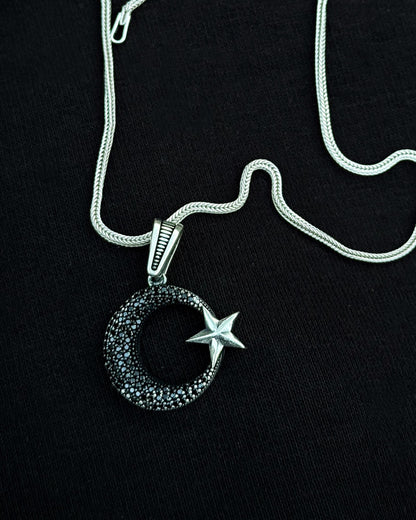 Siyah Taşlı Ay Yıldız Kolye - 925 Ayar Gümüş