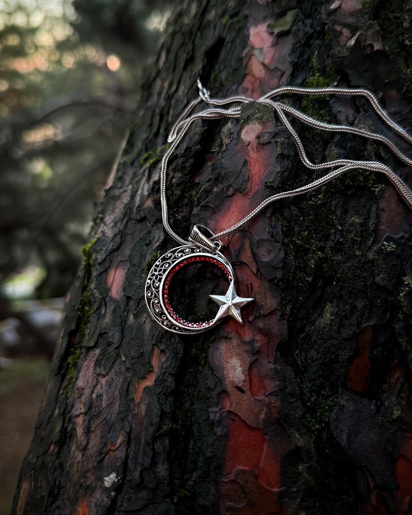 Kırmızı Taşlı Ay Yıldız Kolye – 925 Ayar Gümüş