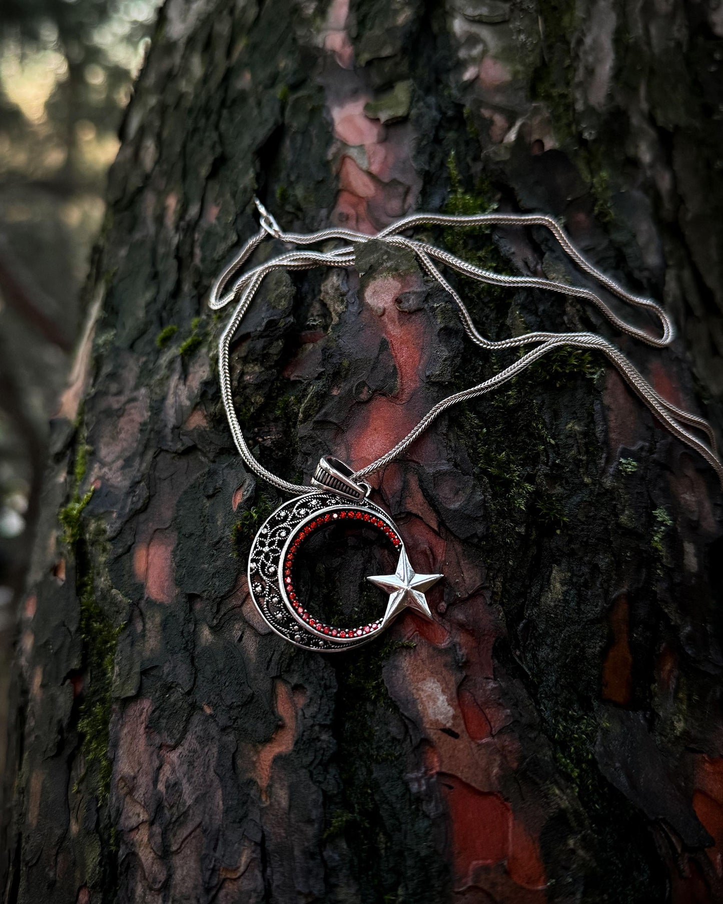 Kırmızı Taşlı Ay Yıldız Kolye – 925 Ayar Gümüş