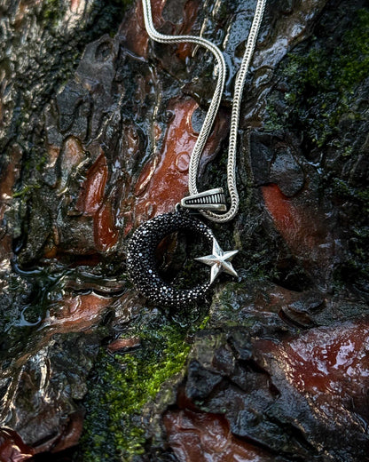 Siyah Taşlı Ay Yıldız Kolye - 925 Ayar Gümüş