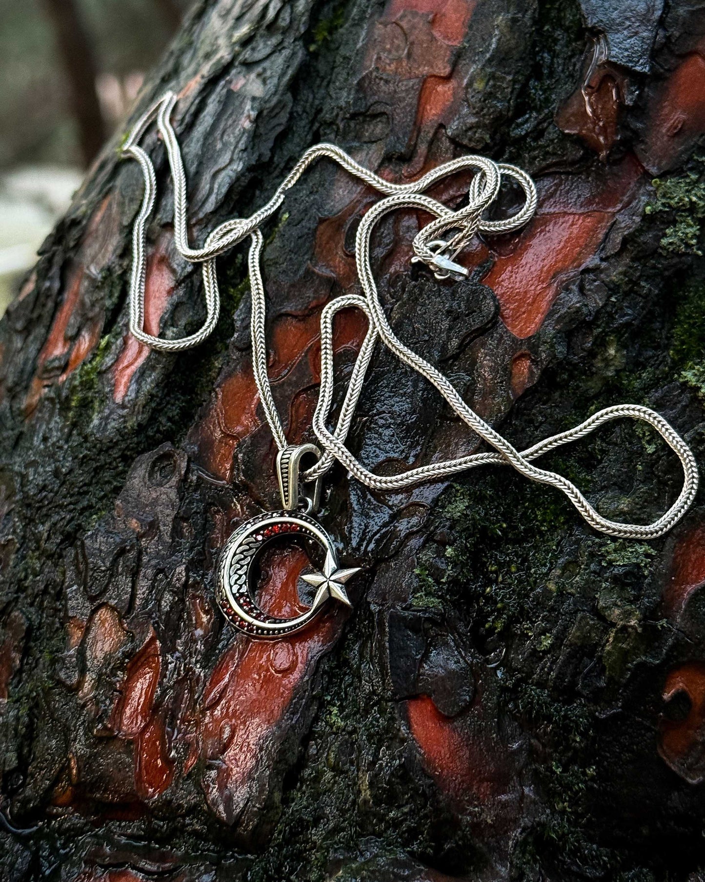 Kırmızı Taşlı Minimal Ay Yıldız Kolye – 925 Ayar Gümüş