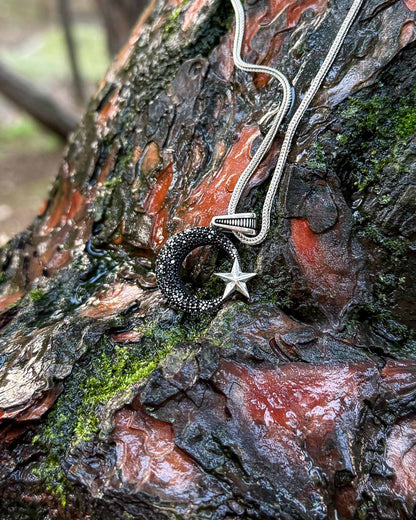 Siyah Taşlı Ay Yıldız Kolye - 925 Ayar Gümüş