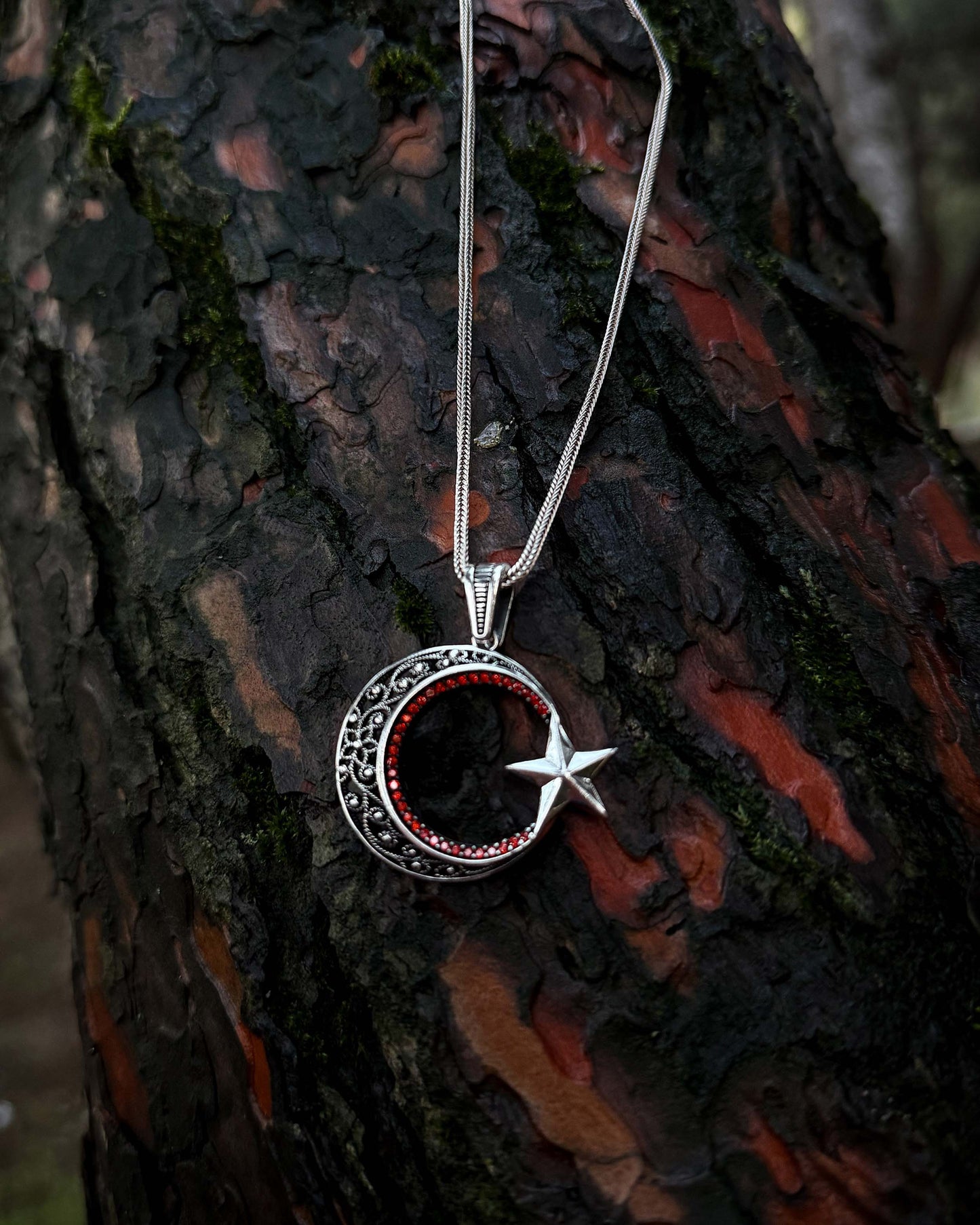 Kırmızı Taşlı Ay Yıldız Kolye – 925 Ayar Gümüş