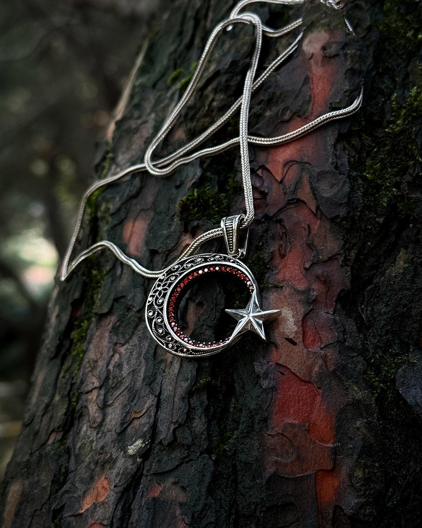 Kırmızı Taşlı Ay Yıldız Kolye – 925 Ayar Gümüş