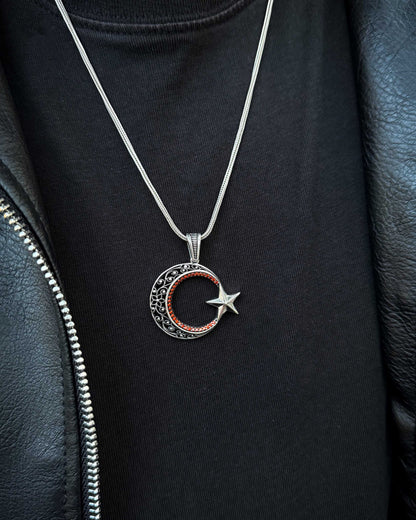 Kırmızı Taşlı Ay Yıldız Kolye – 925 Ayar Gümüş