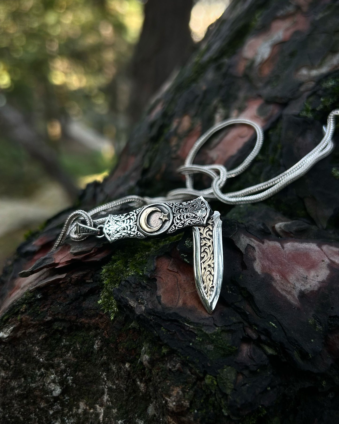 Ay Yıldız İşlemeli Katlanır Bıçak Kolye – 925 Ayar Gümüş