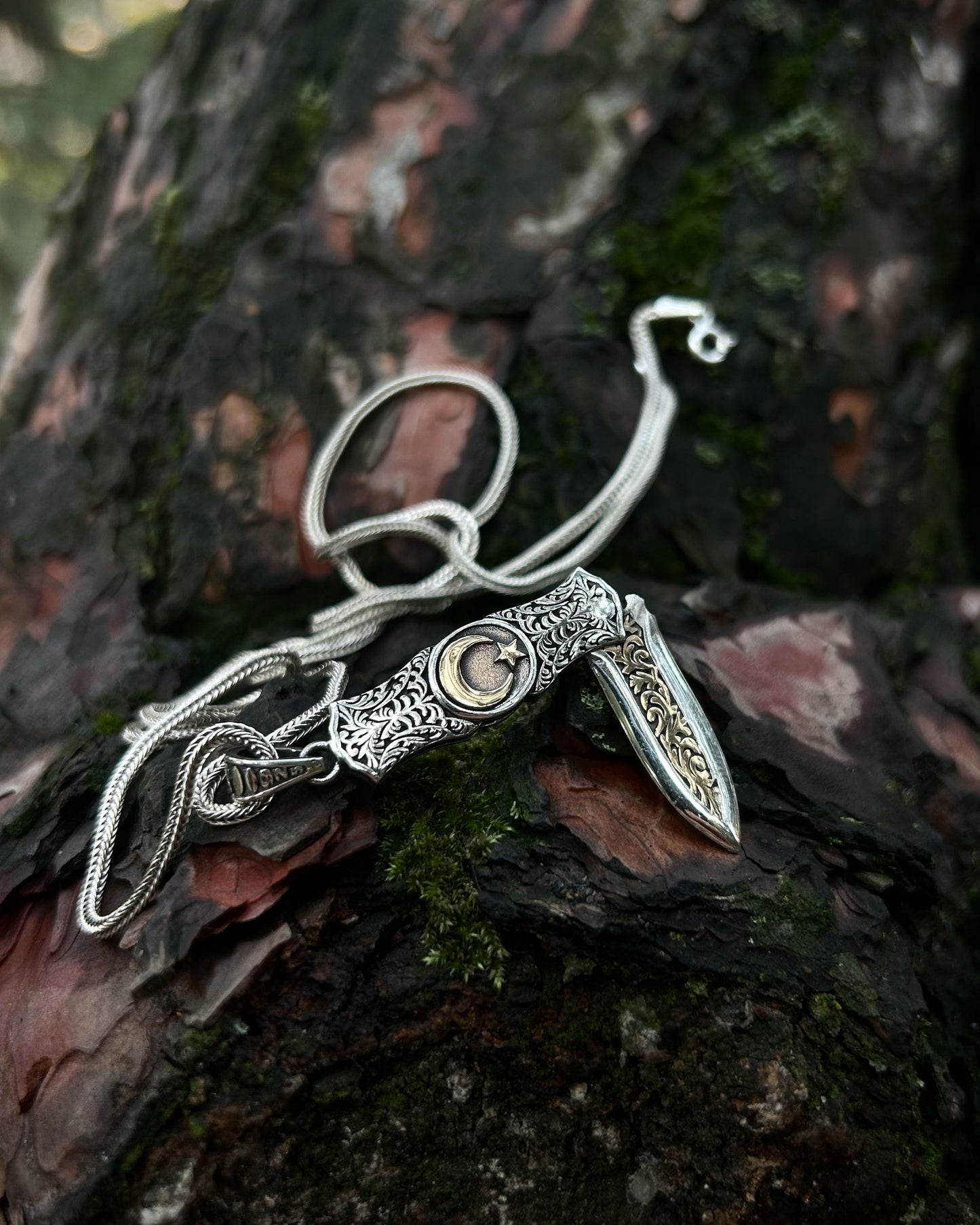 Ay Yıldız İşlemeli Katlanır Bıçak Kolye – 925 Ayar Gümüş