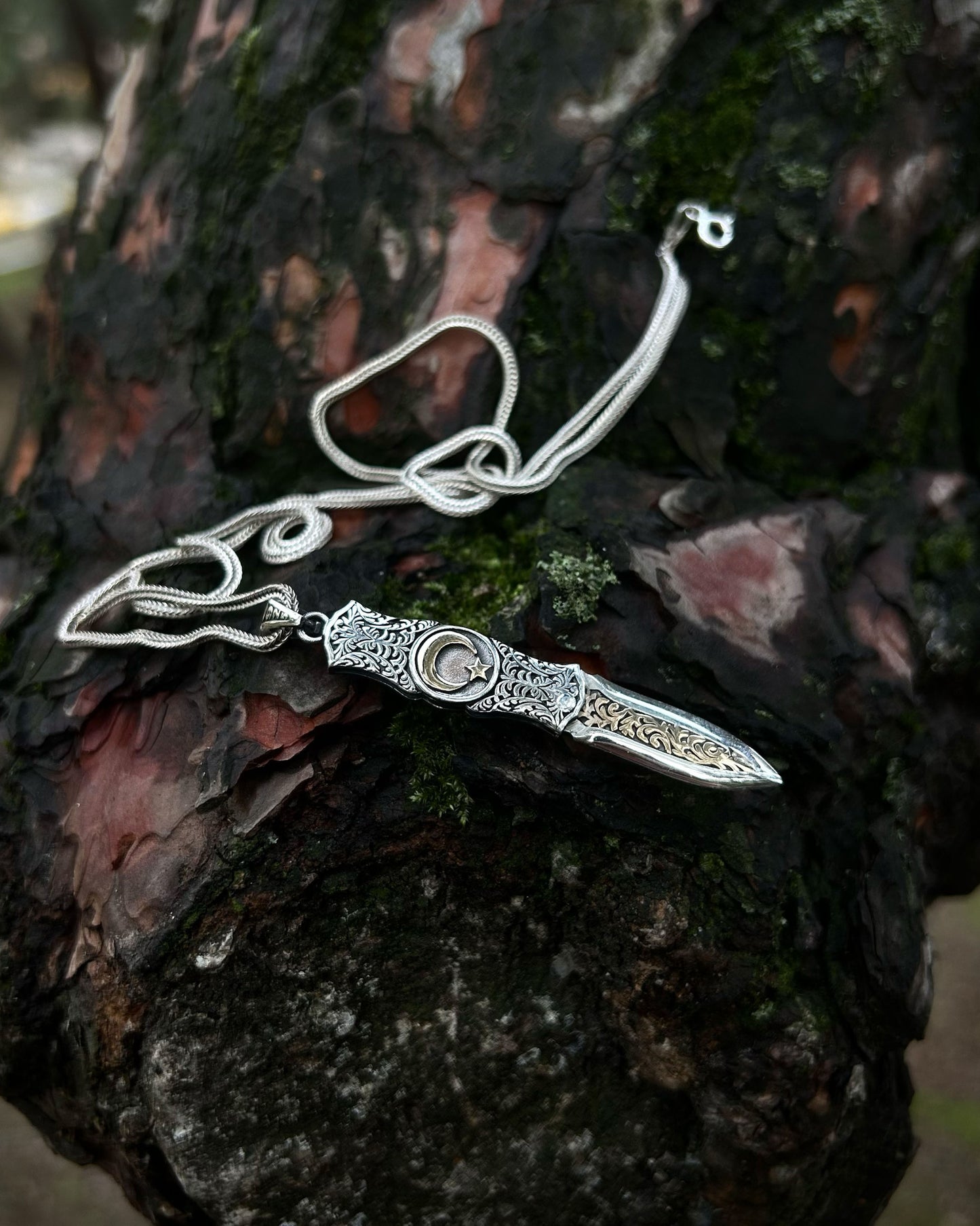 Ay Yıldız İşlemeli Katlanır Bıçak Kolye – 925 Ayar Gümüş