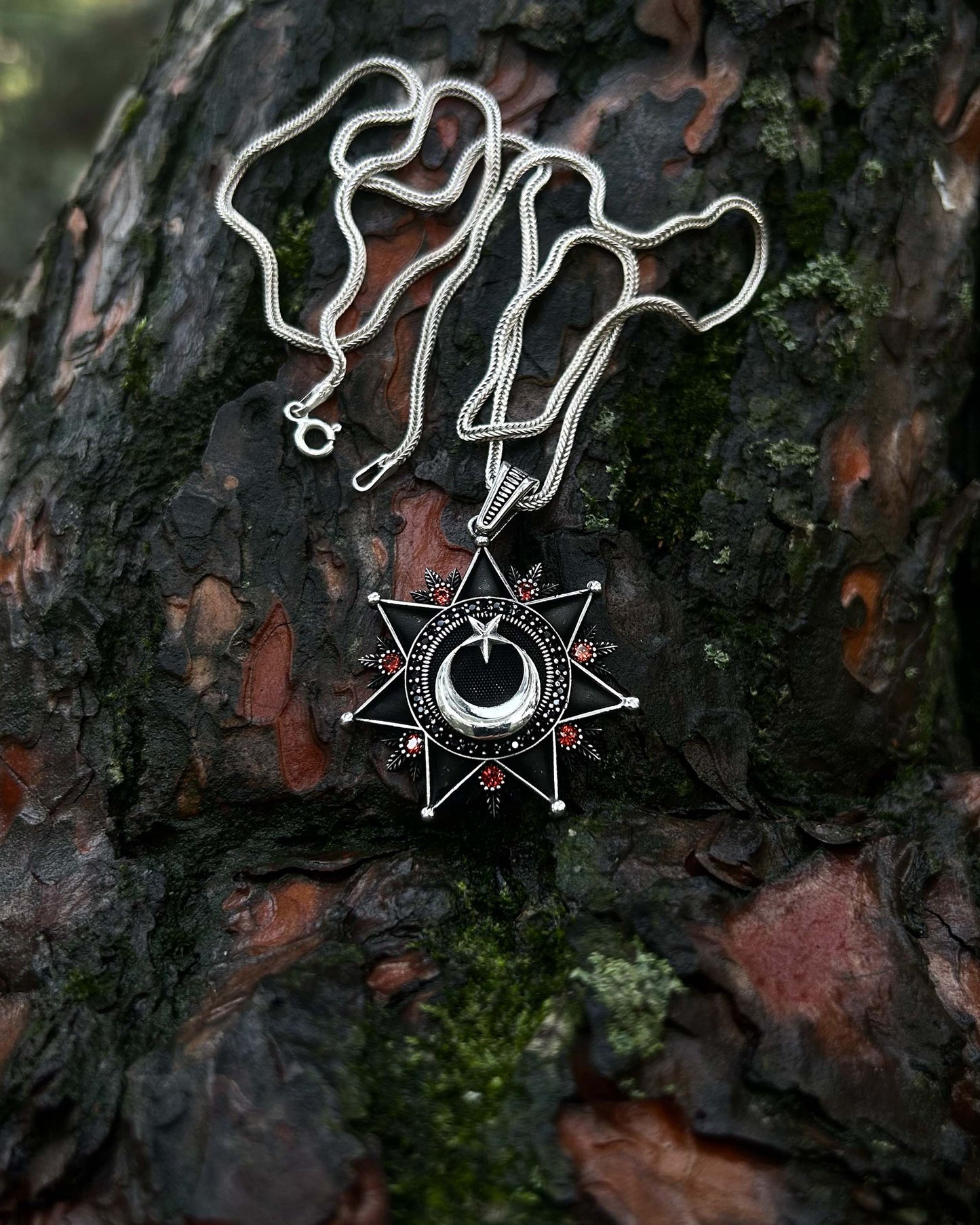 Siyah Ay Yıldız Kolye - 925 Ayar Gümüş