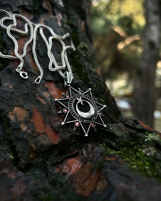 Siyah Ay Yıldız Kolye - 925 Ayar Gümüş