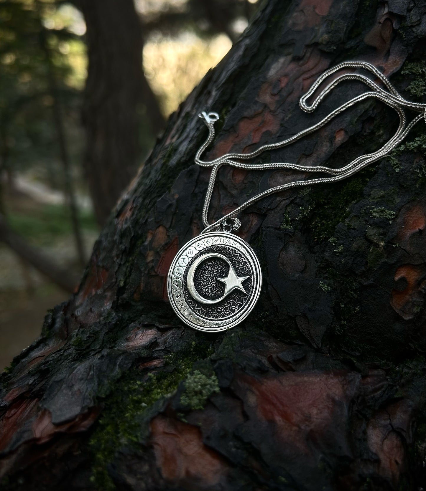 Collier en argent sterling 925 avec croissant de lune gravé de l'alphabet Göktürk