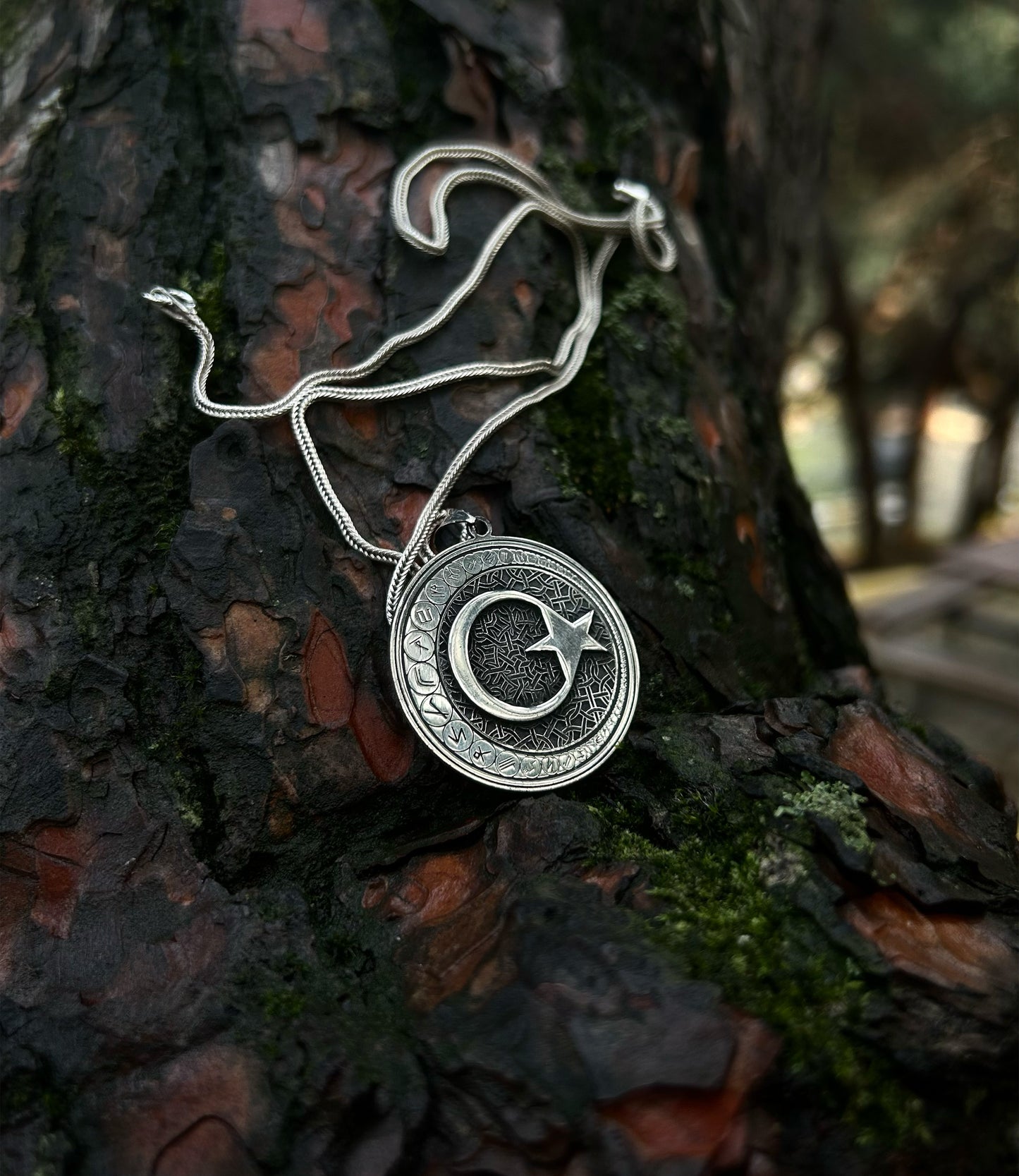 Collier en argent sterling 925 avec croissant de lune gravé de l'alphabet Göktürk