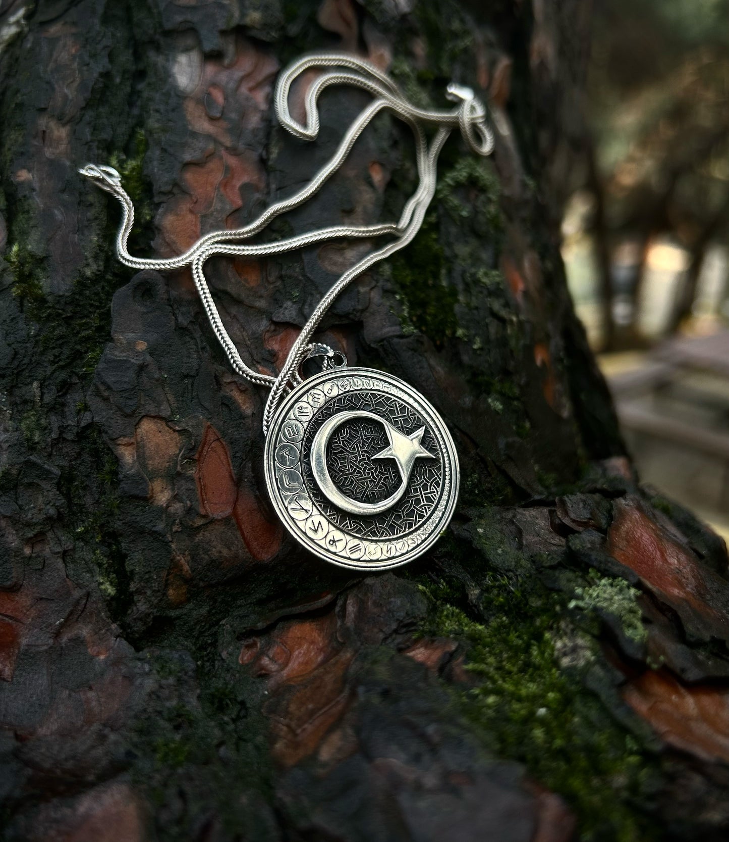 Collier en argent sterling 925 avec croissant de lune gravé de l'alphabet Göktürk