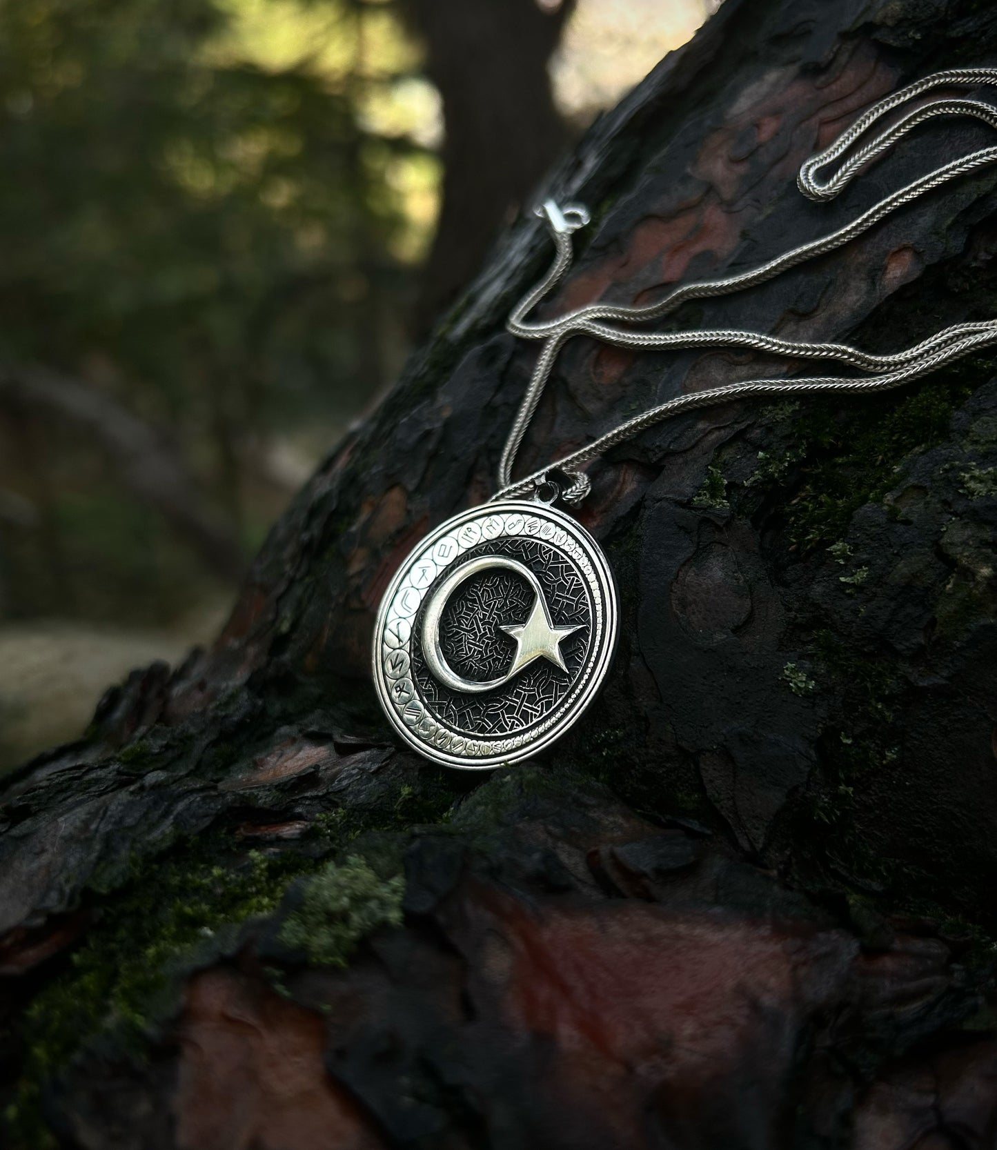 Collier en argent sterling 925 avec croissant de lune gravé de l'alphabet Göktürk