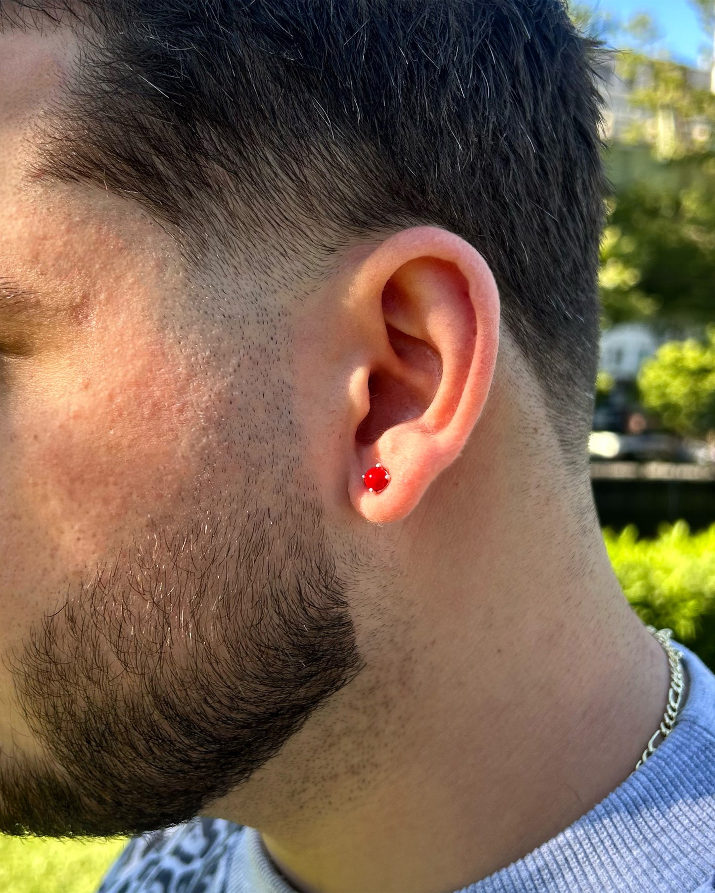 Boucles d'oreilles homme en argent sterling 925 avec pierre rouge