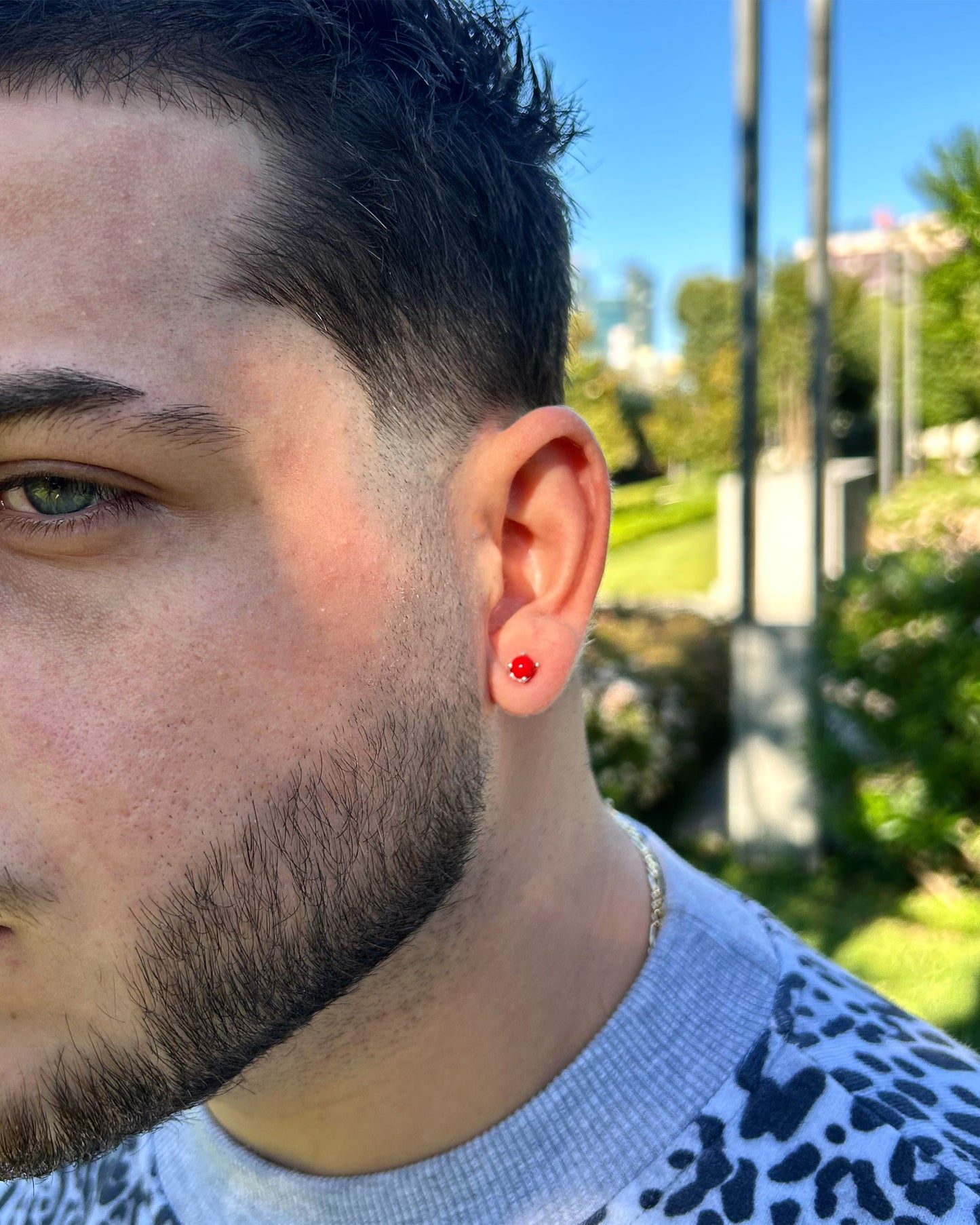 Boucles d'oreilles homme en argent sterling 925 avec pierre rouge
