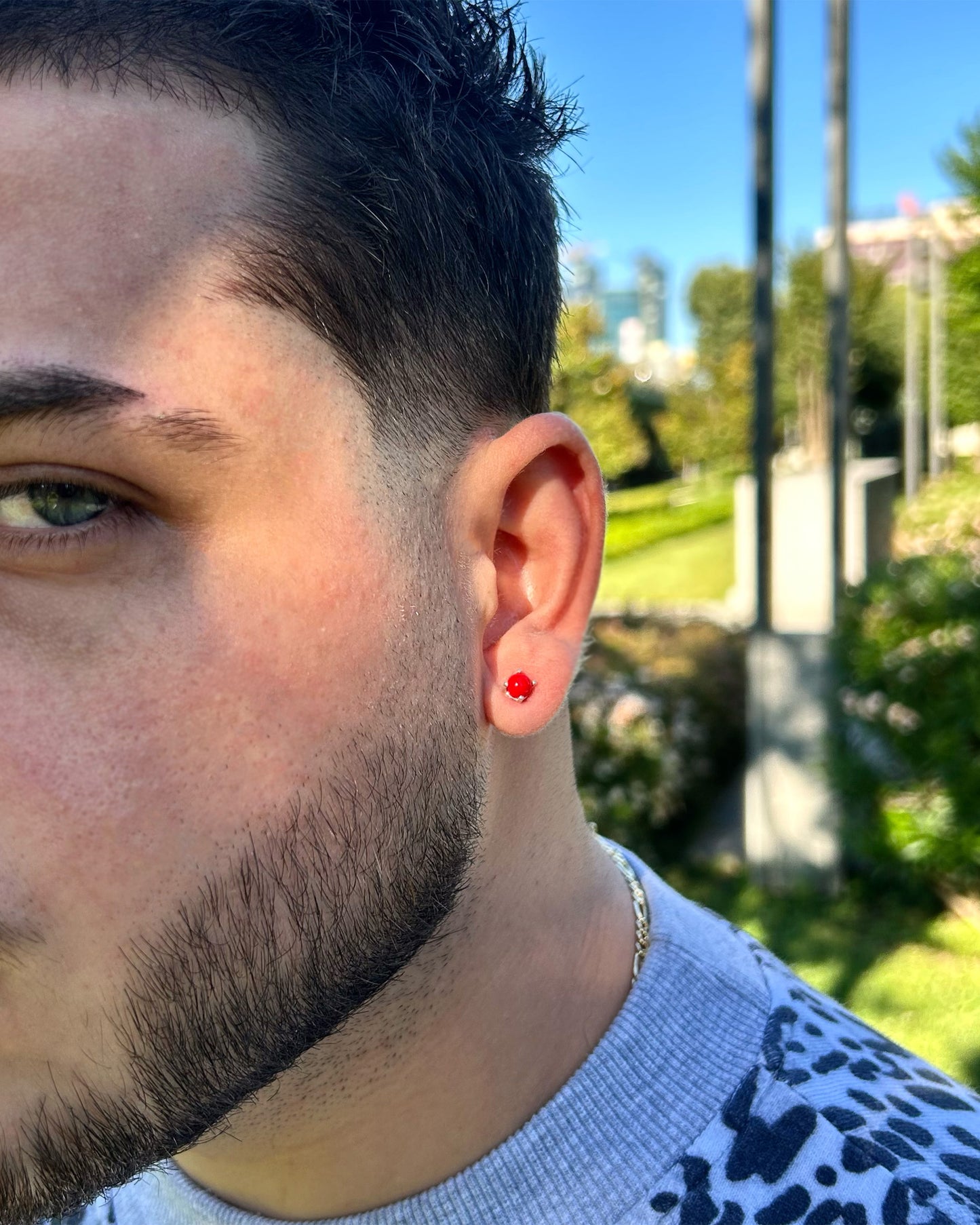 Boucles d'oreilles homme en argent sterling 925 avec pierre rouge