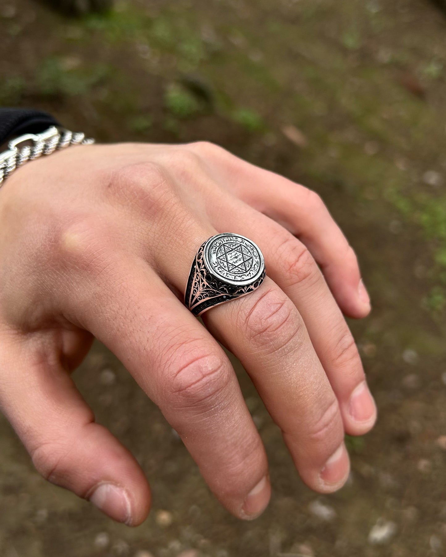 Bague Sceau de Salomon (avec pierre noire) – Argent massif 925