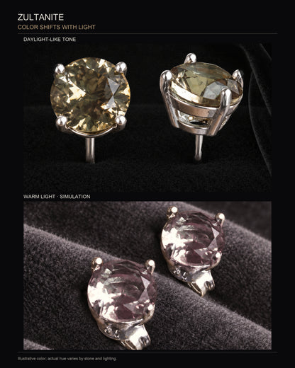 Zultanite 7 mm, different studio views showing daylight-like tone and illustrative warm-light color
