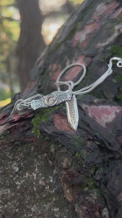 Ay Yıldız İşlemeli Katlanır Bıçak Kolye – 925 Ayar Gümüş