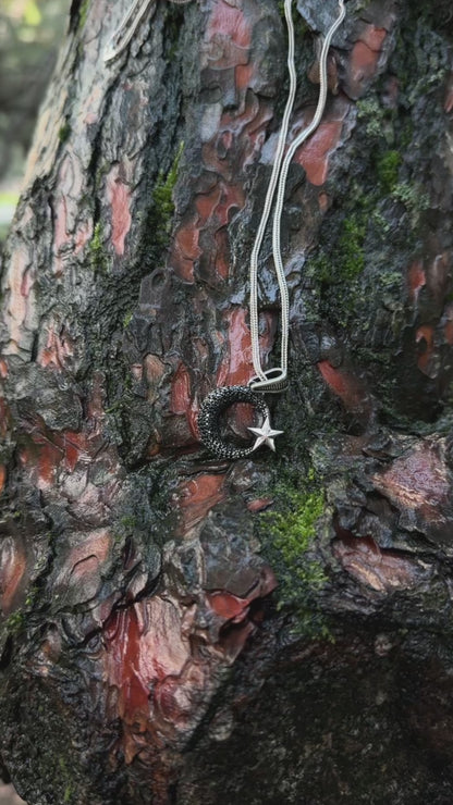 Siyah Taşlı Ay Yıldız Kolye - 925 Ayar Gümüş